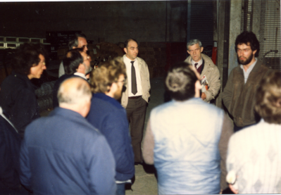 Visit to Emley Moor TV Transmitter site  c.1982. Members gather round to hear speakers.  Alex, G6HBF and Mark G8NZM in the photo
