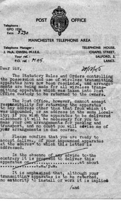 Archive letter telling G2GA that he can collect his equipment
post WWII
