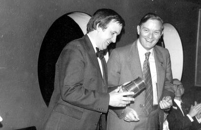 Fred G3RSM with Bill Furness G3SMM...at the G2GA 50 year dinner 1976. Bill was RSGB Region 1 Representative 

